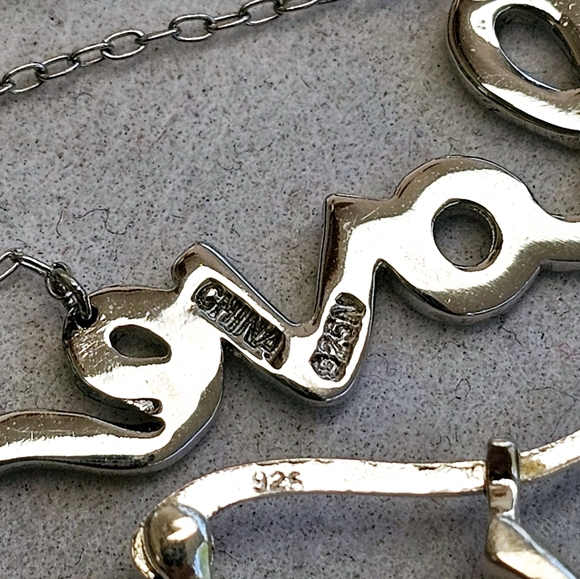 SET! 925 Silver Cursive Love Pendant with 925 Silver Hoop Earrings SET! - Picture 15 of 16